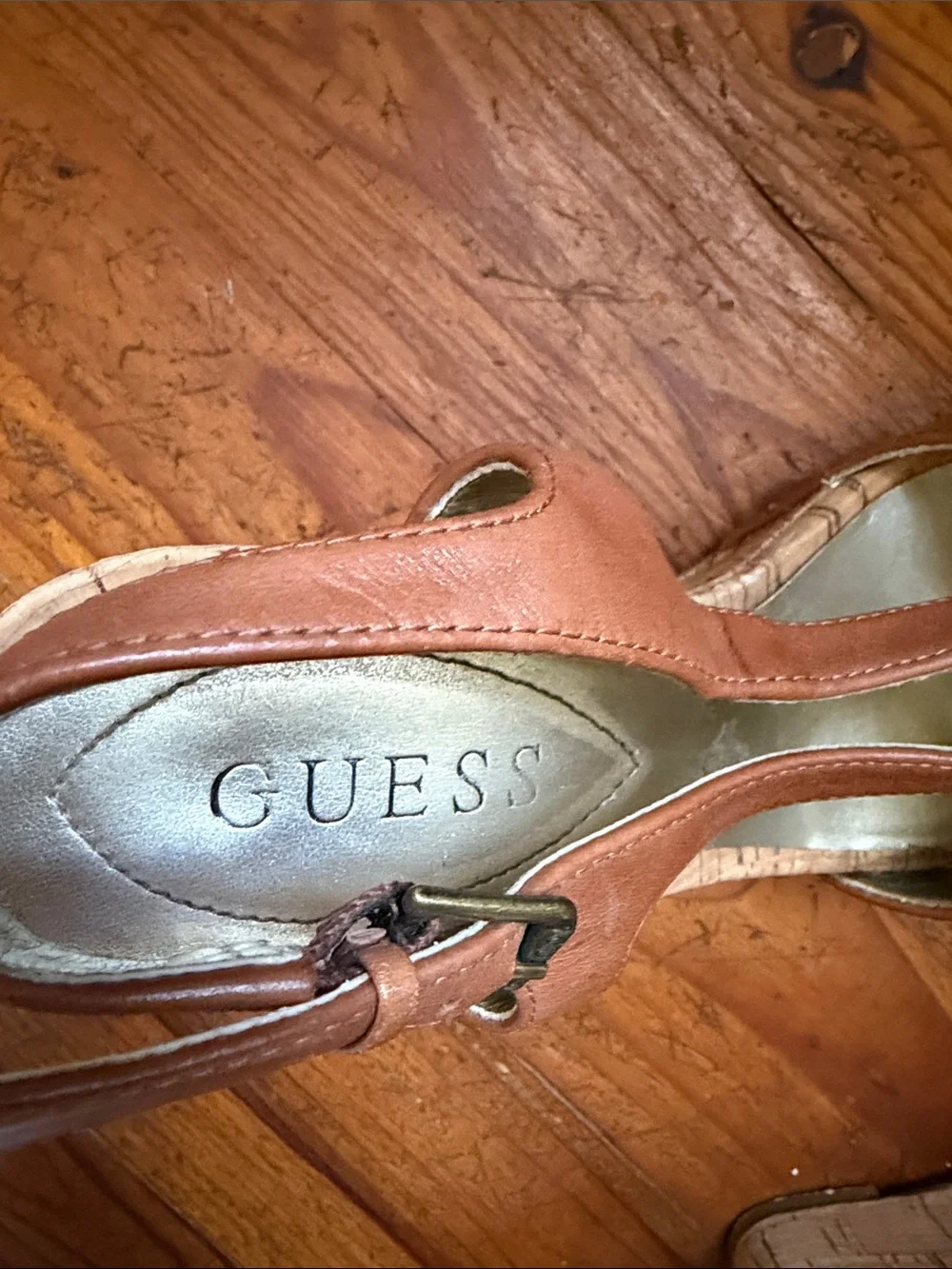 GUESS Brown Leather Cork Wedge Sandals